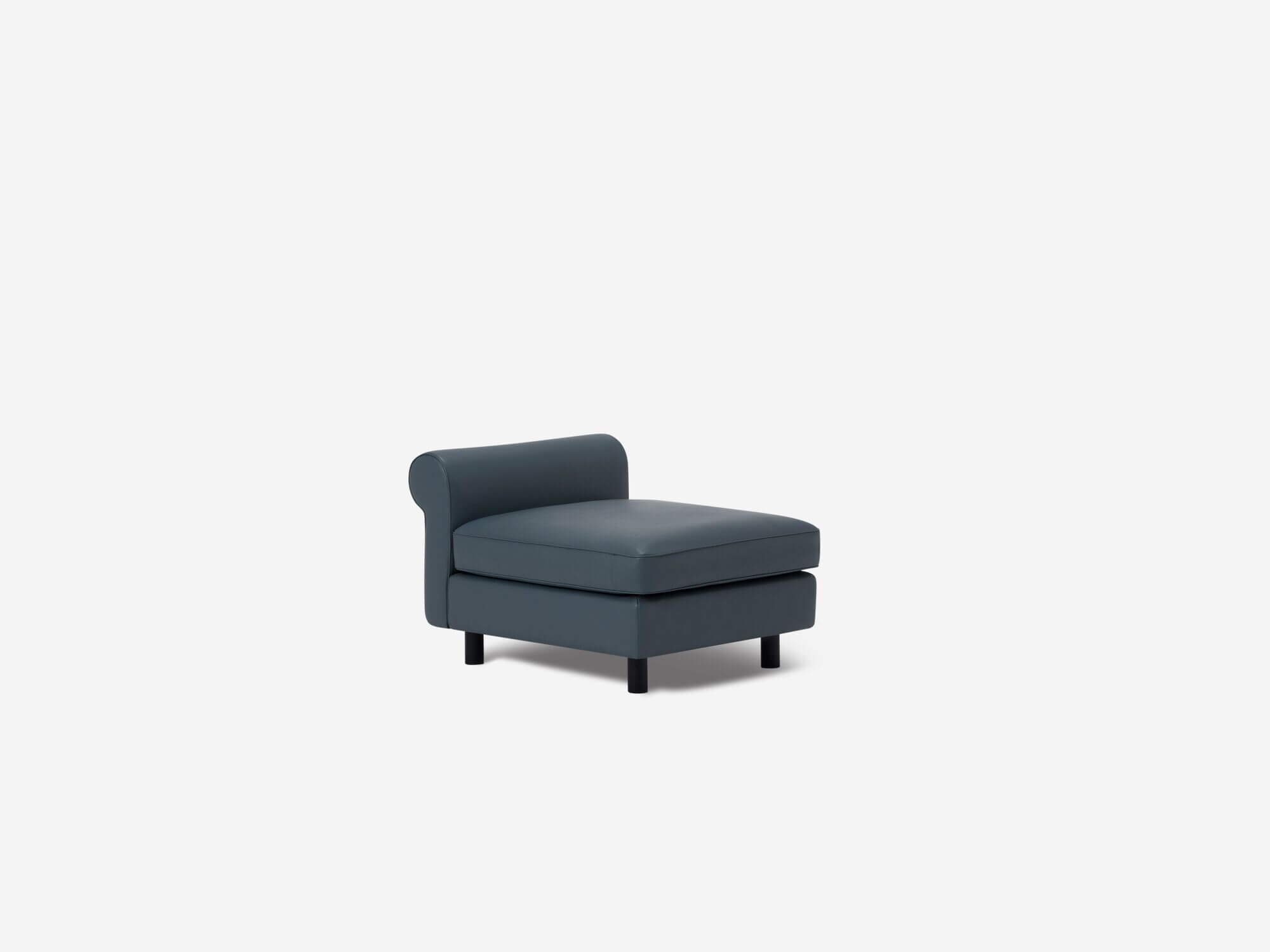 Blue leather accent chair front corner view